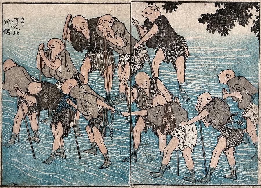 Blind Men Fording A Stream. Coloured Woodcut By K. Hokusai, 1849 Painting