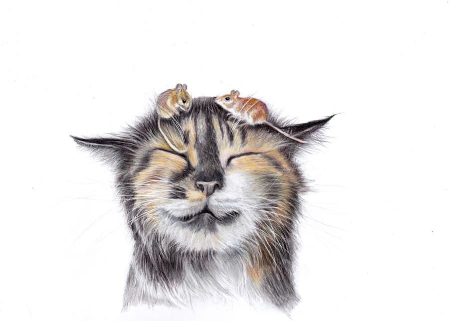 Mouse Painting - Blissed out Cat and Mice  by Debra Hall