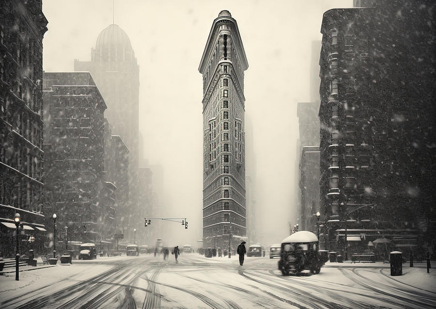 Blizzard Noir, Vintage NYC Flatiron Building in 1920 Digital Art by Carol Whaley Addassi and Generative AI Technology