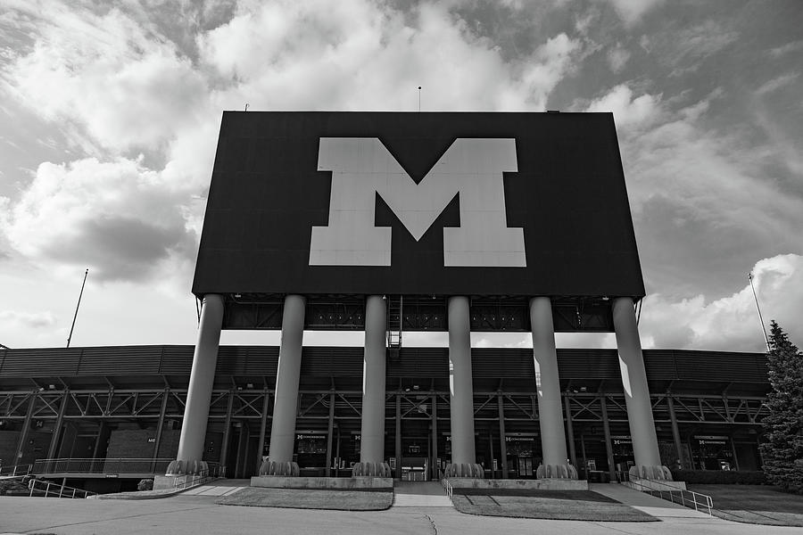 Block M sign at Michigan Stadium in black and white Photograph by Eldon McGraw