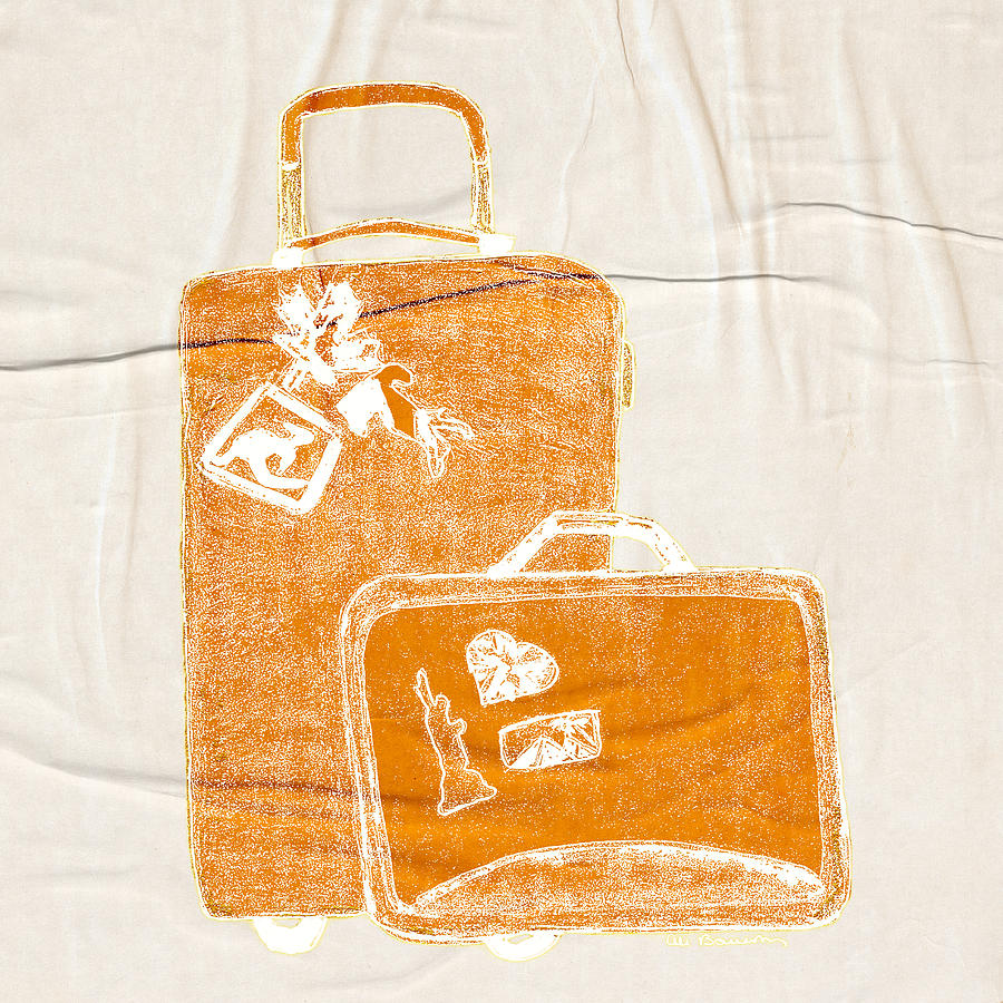 Block Pattern Suitcases with Travel Stickers in Orange Digital Art by Ali Baucom