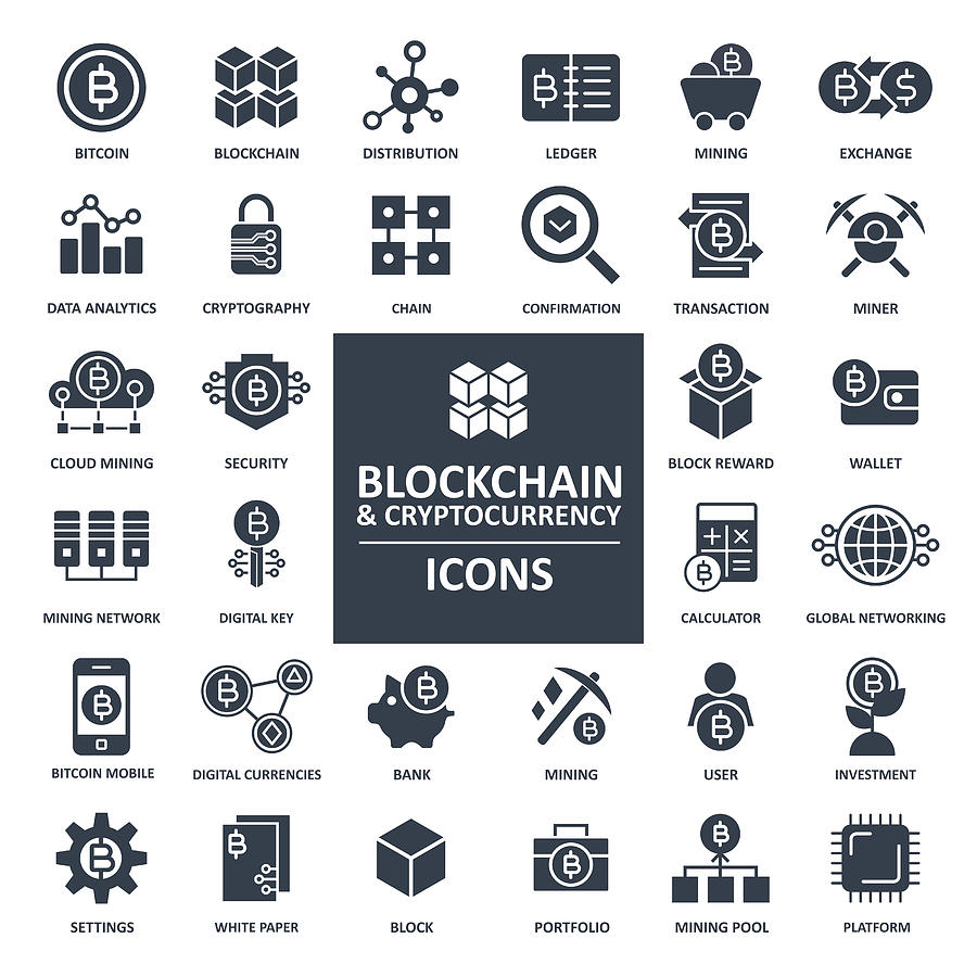 Blockchain Cryptocurrency Bitcoin Icon Set Drawing by Pop_jop