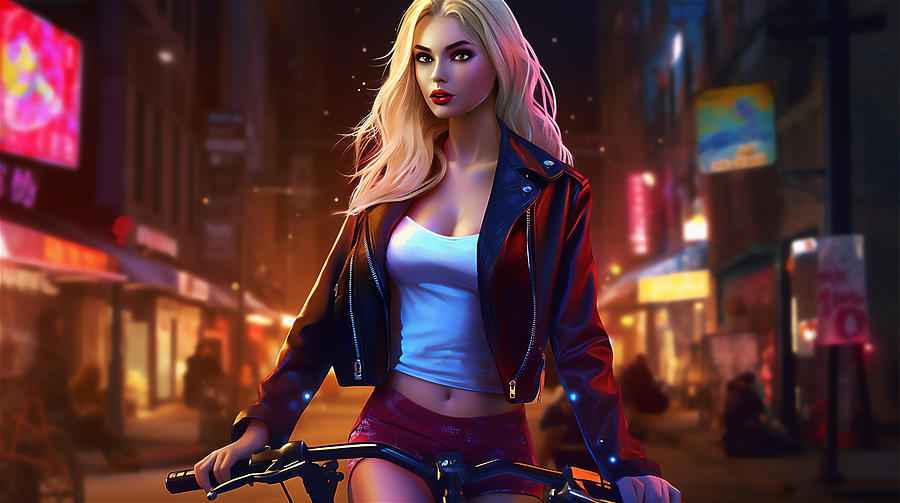 Blond Biker Girl In Chinatown At Night Digital Art By Jim Brey Fine