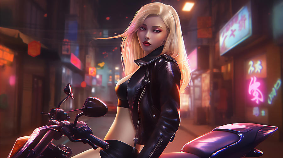 Blond Biker Girl In The City At Night Digital Art By Jim Brey Fine