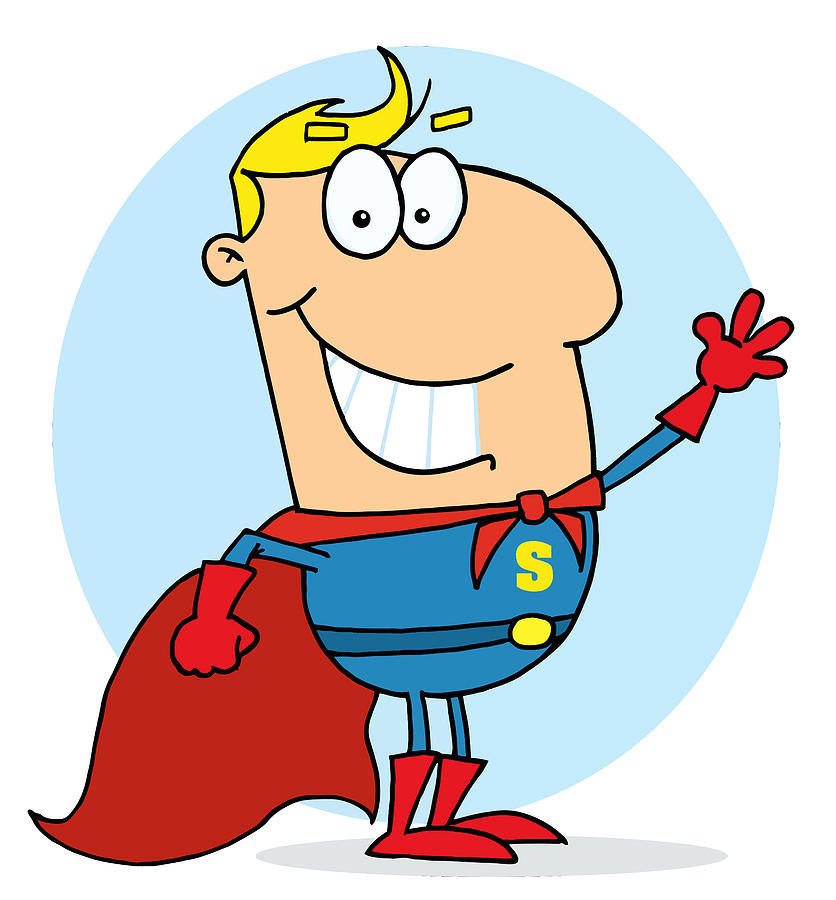 Blond Cartoon Super Hero Waving Man Drawing by Chud