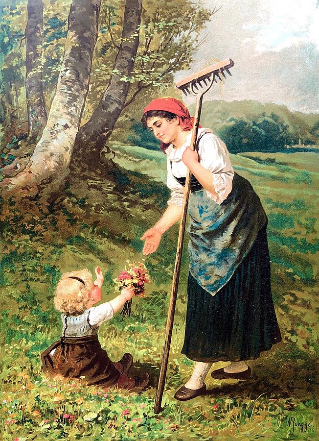 Blonde girl on the meadow gives mother a bouquet of flowers Drawing by Clu