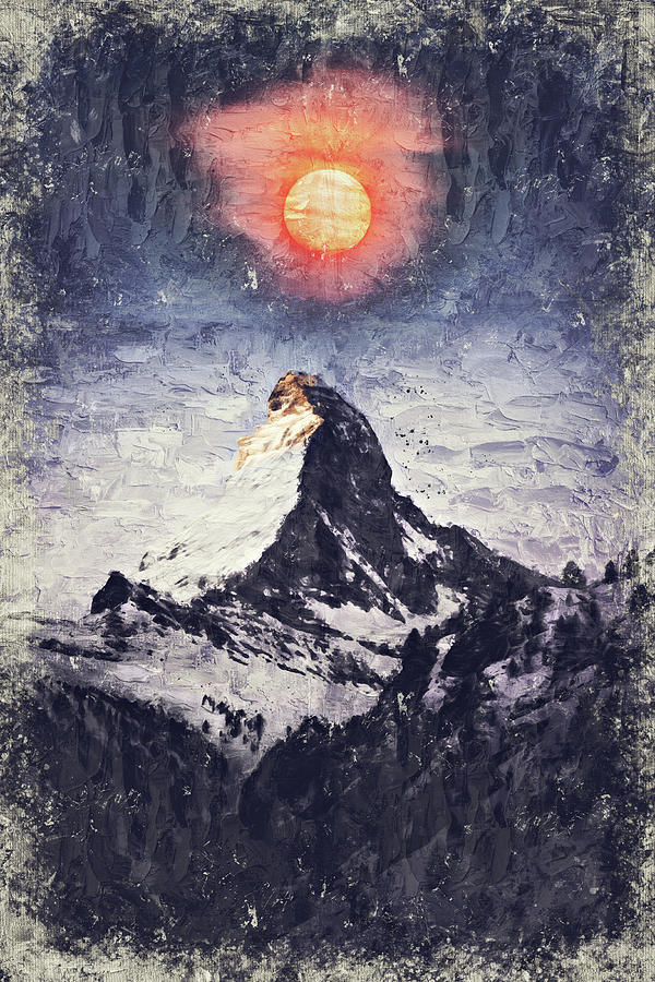 Blood Moon over Matterhorn, Zermatt, Switzerland , impasto ca 2019 by Ahmet Asar Painting by Celestial Images