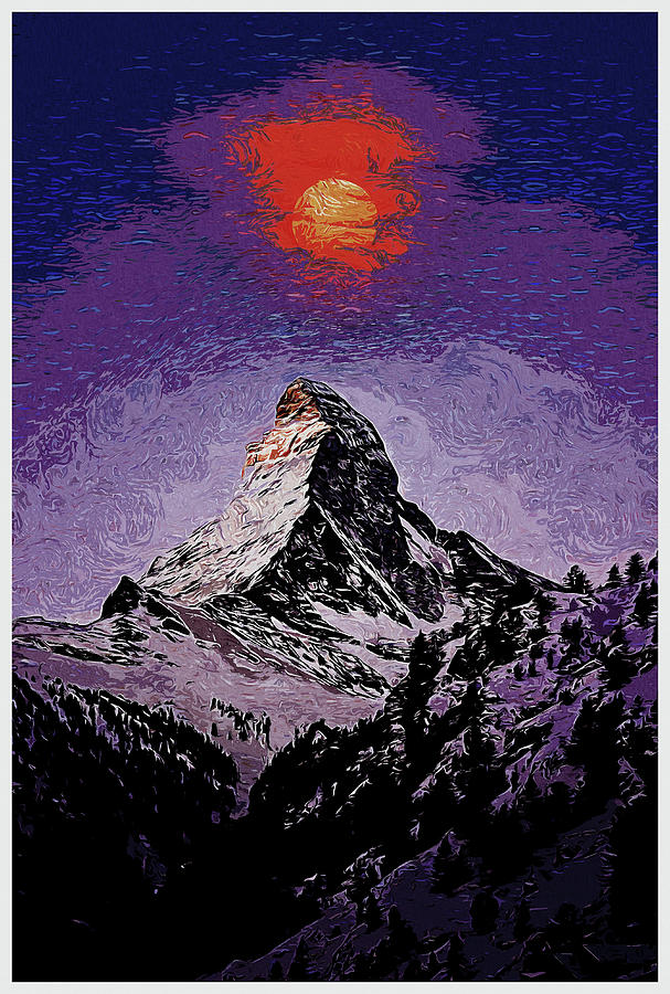 Blood Moon over Matterhorn, Zermatt, Switzerland, After Van Gogh Painting by Celestial Images
