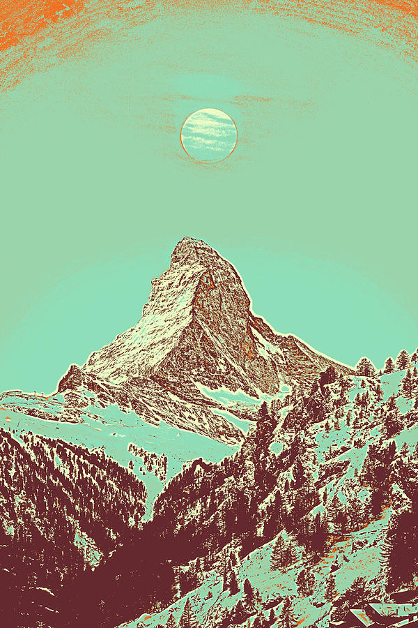 Blood Moon over Matterhorn, Zermatt, Switzerland Travel Poster v2 by Ahmet Asar Painting by Celestial Images