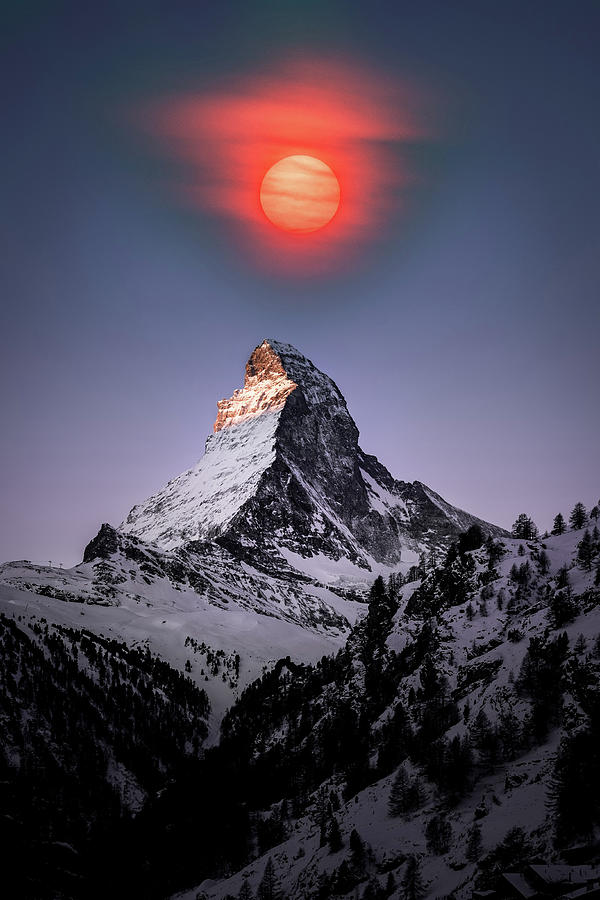 Blood Moon over Matterhorn, Zermatt, Switzerland v1 Painting by Celestial Images