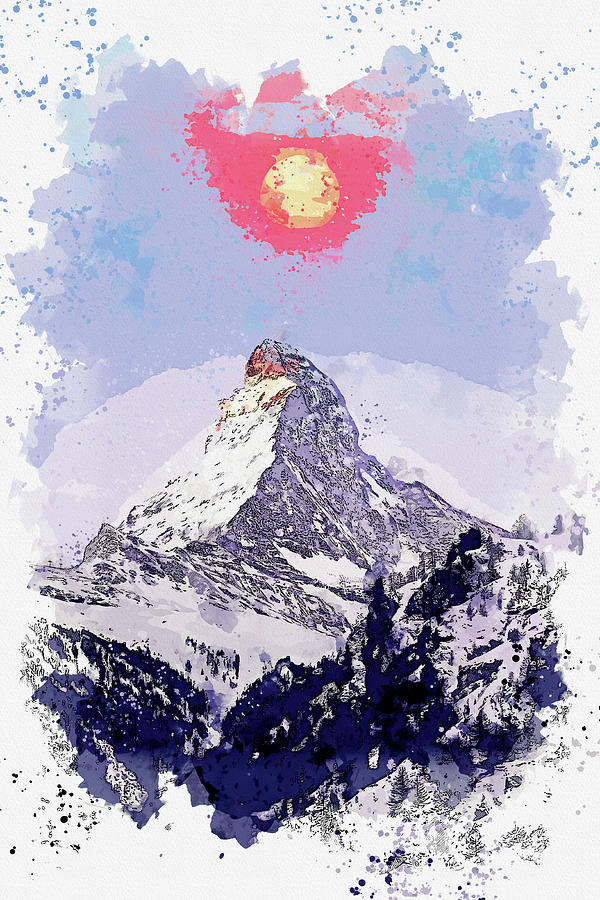 Blood Moon over Matterhorn, Zermatt, Switzerland watercolor ca 2019 Painting by Celestial Images