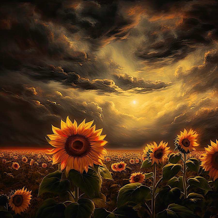 Bloom In Gloom- Sunflower Art Painting by Lourry Legarde