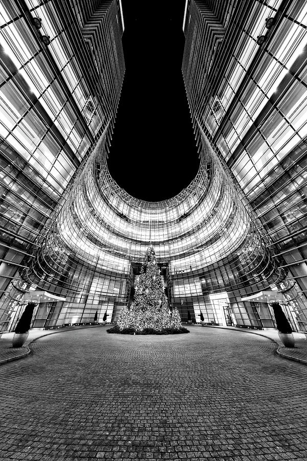 Bloomberg Tower Christmas Tree BW Photograph by Susan Candelario