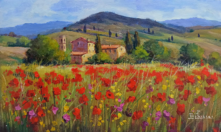 Bloomed countryside - Tuscany landscape painting 30x50 cm Painting by ...