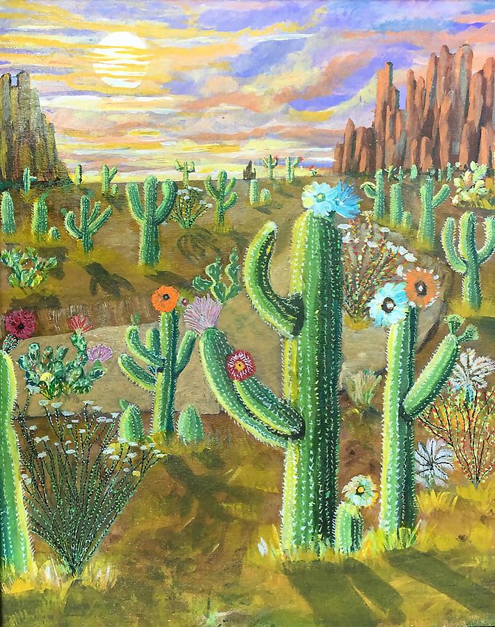 Blooming Saguaros Painting by Rowena Rizo-Patron