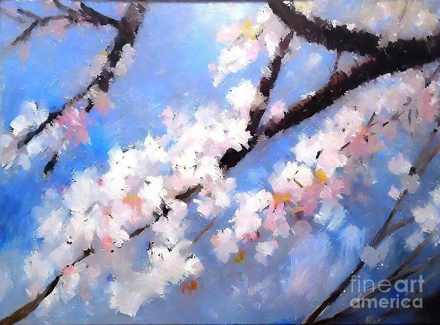 Spring Painting - Blooming tree Painting spring bloom trees blue landscape sunny day sky floral garden paradise abstract art artistic background beautiful blooming blossom blue branch canvas cherry color colorful by N Akkash