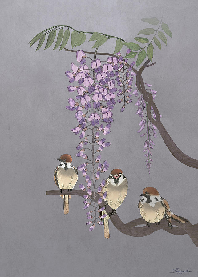 Blooming Wisteria and Sparrows Digital Art by M Spadecaller