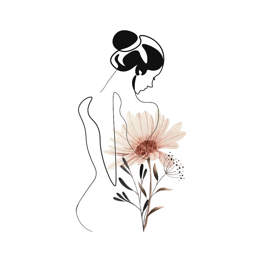 Flower Drawing - Blooming woman line art print, minimal one line woman with flowers, vintage sensual womans body art by Mounir Khalfouf
