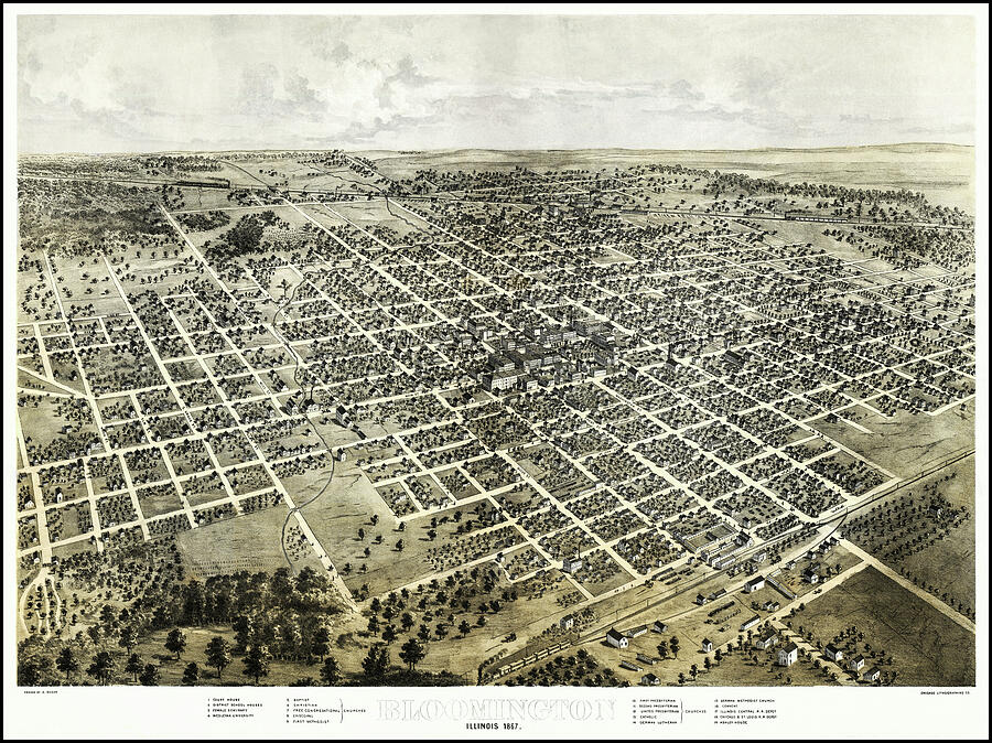 Bloomington Illinois Vintage Map Birds Eye View 1867 Photograph by ...