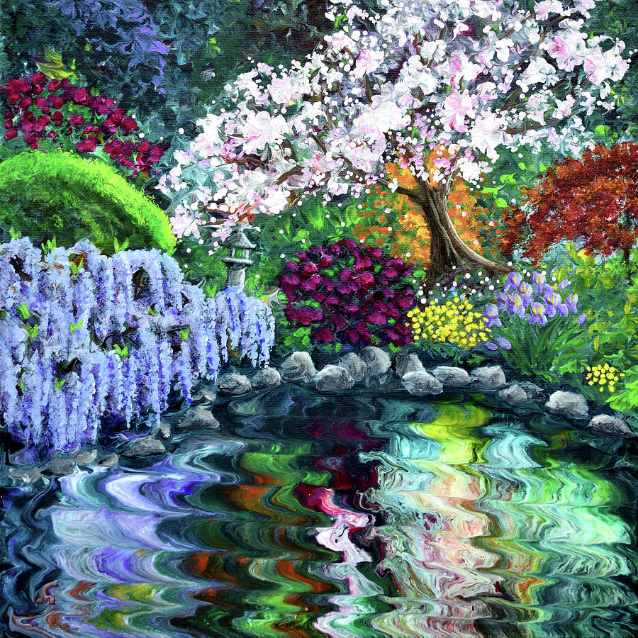 Flower Painting - Blossoming Tree and Wisteria by a Pond by Laura Iverson