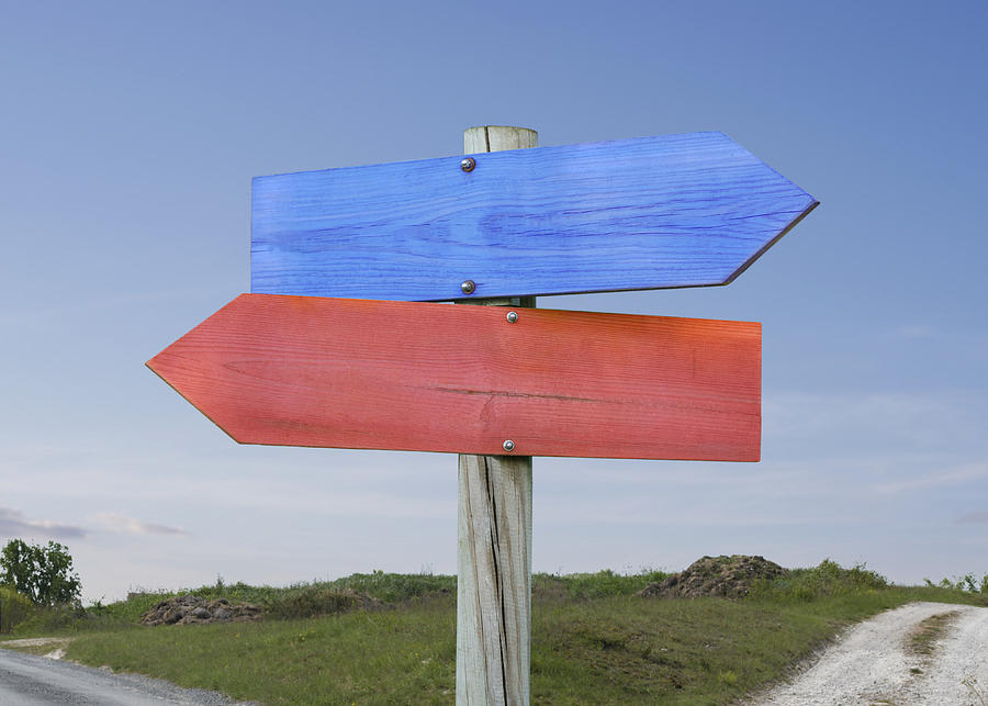 Blue & red direction signs. Photograph by David Malan