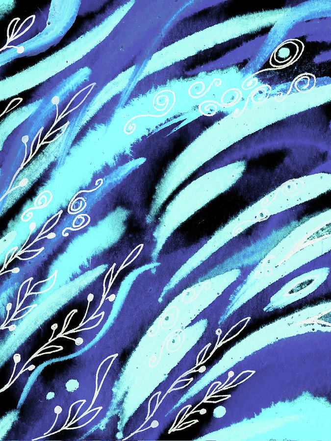Blue Abstract Feathers And Leaves Painting