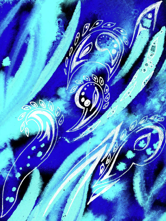 Blue Abstract Feathers And Paisley Leaves Painting