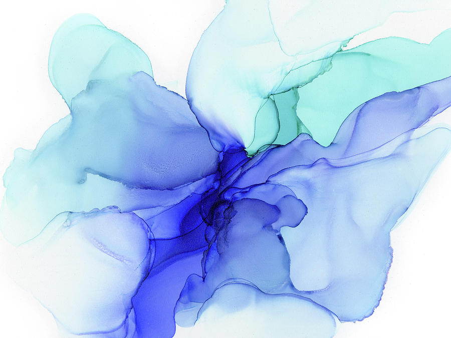 Blue Abstract Floral Ink Painting by Olga Shvartsur