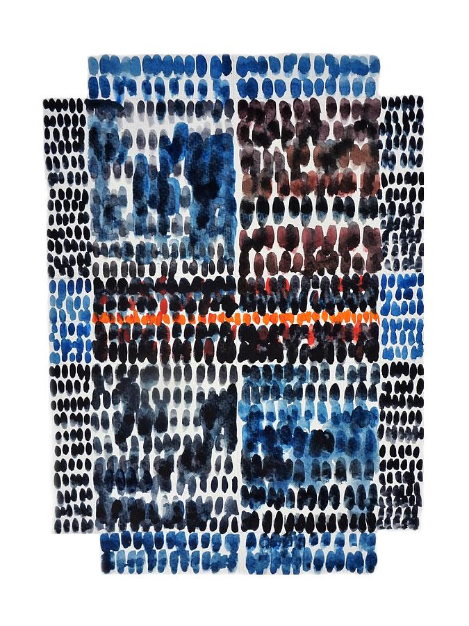 Blue Painting - Blue Abstraction with grid and orange line by Bruce Black Blue Painting - Blue Abstraction with grid and orange line by Bruce Black