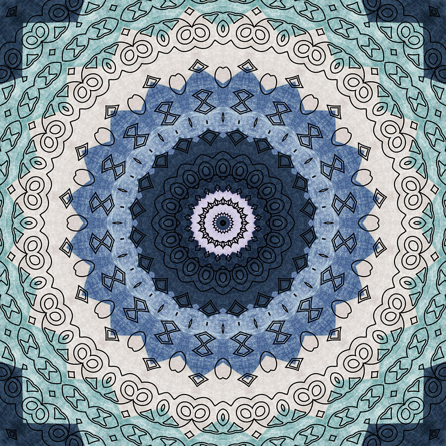 Blue and beige Mandala Kaleidoscope Medallion Flower Digital Art by Mercury McCutcheon