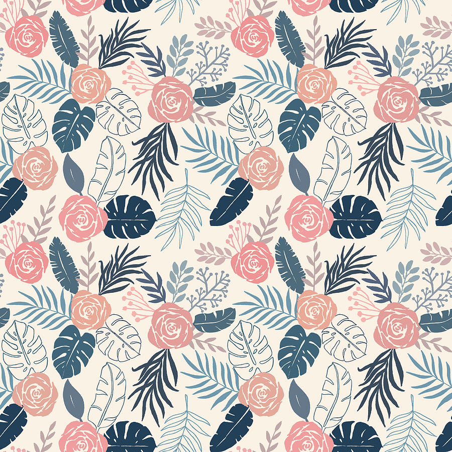 Blue and Blush Tropical Floral Pattern Digital Art by Lauren Ullrich ...