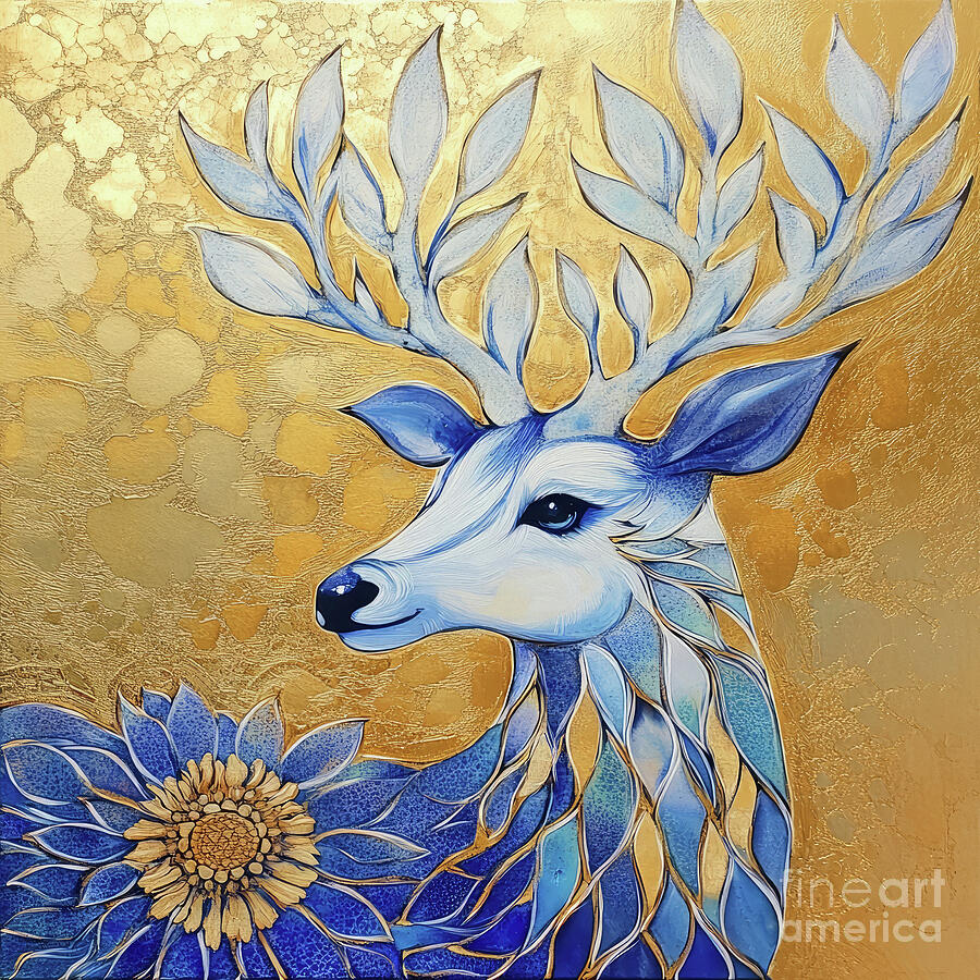 Blue And Gold Deer Painting by Tina LeCour Blue And Gold Deer Painting by Tina LeCour