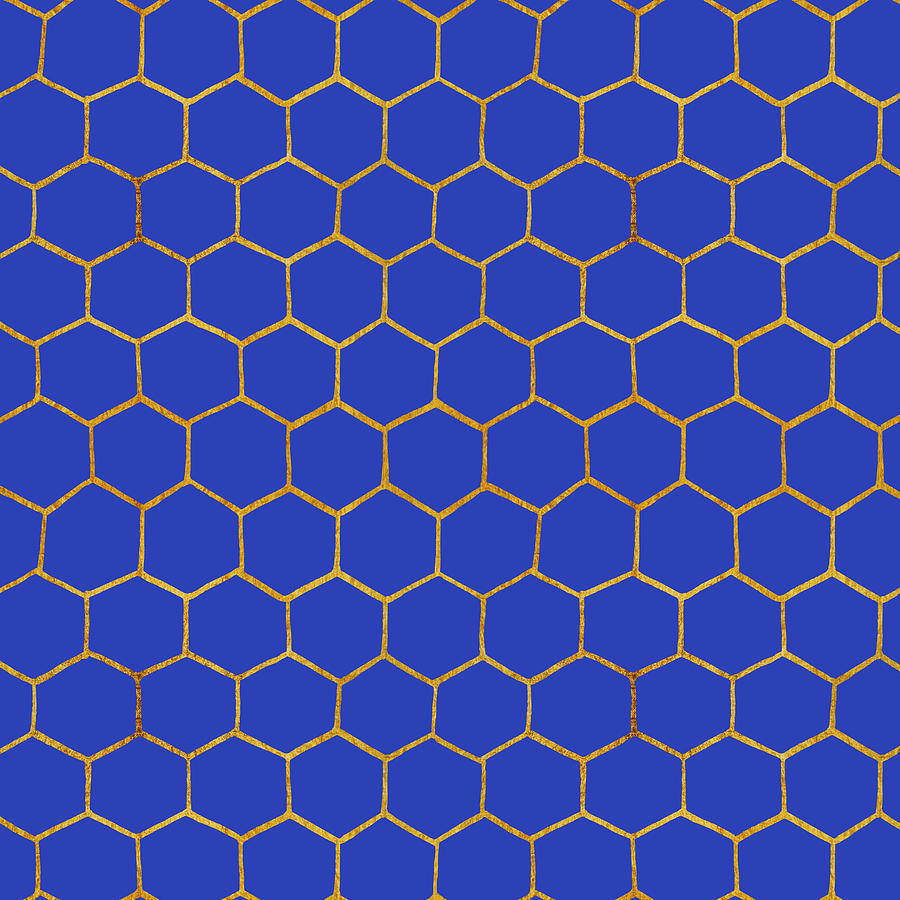 Blue and Gold Hexagon Geometric Pattern - Art by Jen Montgomery Painting by Jen Montgomery