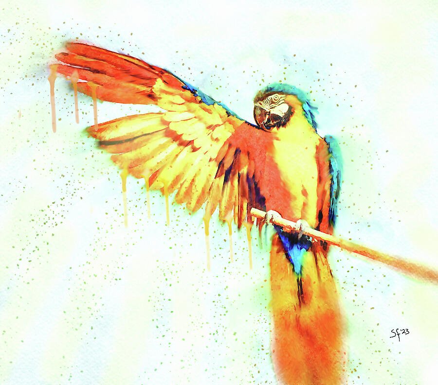 Blue and Gold Macaw Parrot Bird Watercolor Painting Digital Art by Shelli Fitzpatrick