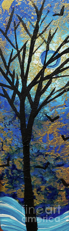Blue And Gold Overlay Original Painting From A Bookmark, Tree Of Life Silhouette And Moon Painting