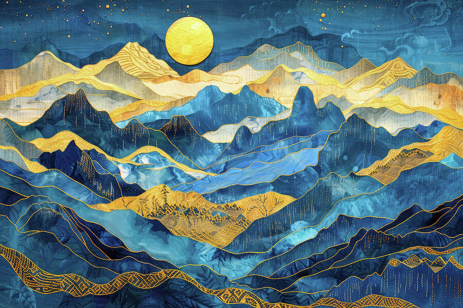 Blue and Golden Mountain Landscape 01 Digital Art by Matthias Hauser