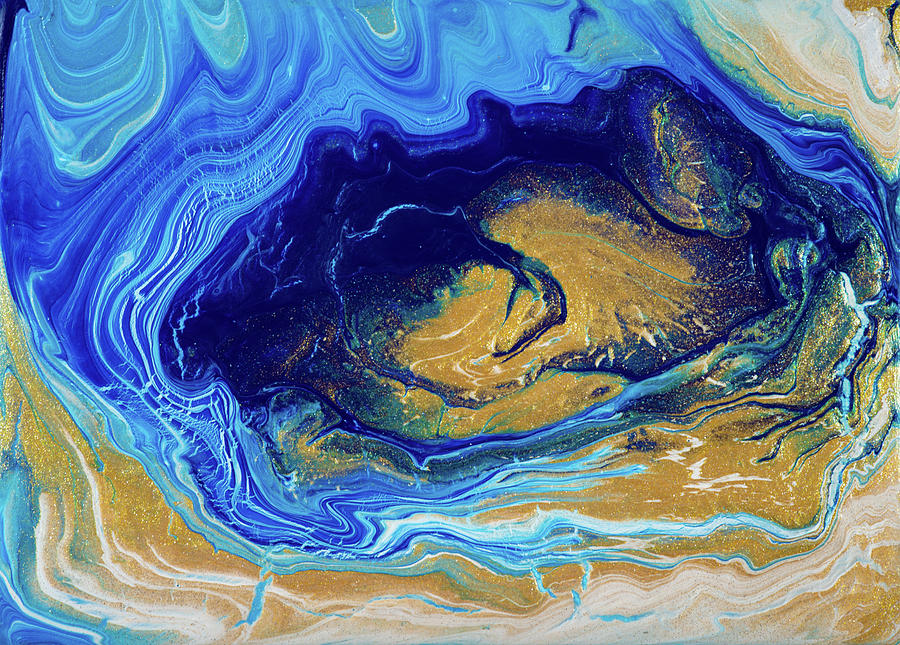 Blue and Golden Ocean Acrylic Pouring Painting by Matthias Hauser