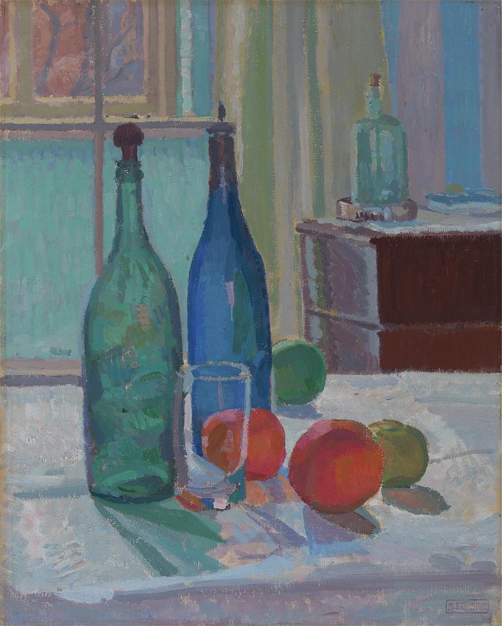 Blue and Green Bottles and Oranges Painting by Art Dozen - Fine Art America