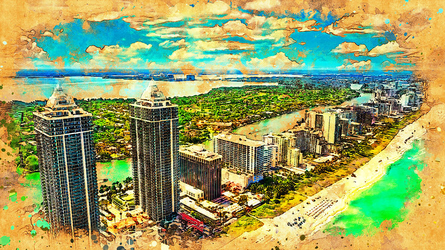 Blue and Green Diamond Condominium buildings in Miami Beach, Florida - digital painting Digital Art by Nicko Prints