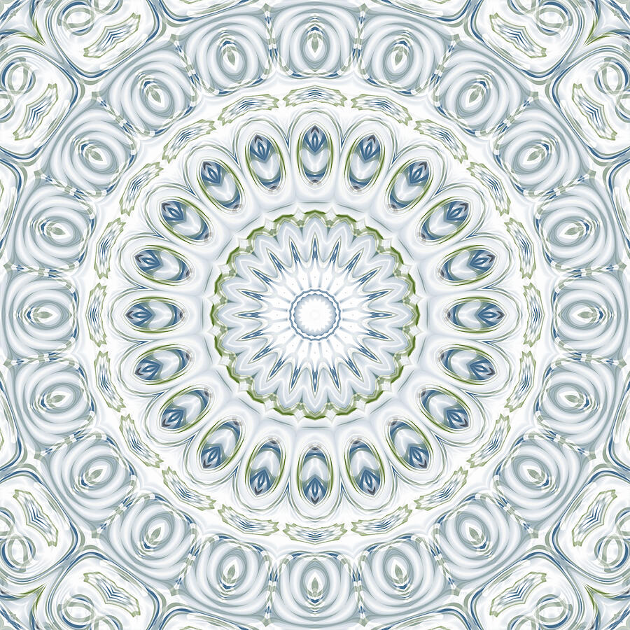 Abstract Digital Art - Blue and Green Mandala Kaleidoscope Medallion Flower by Mercury McCutcheon