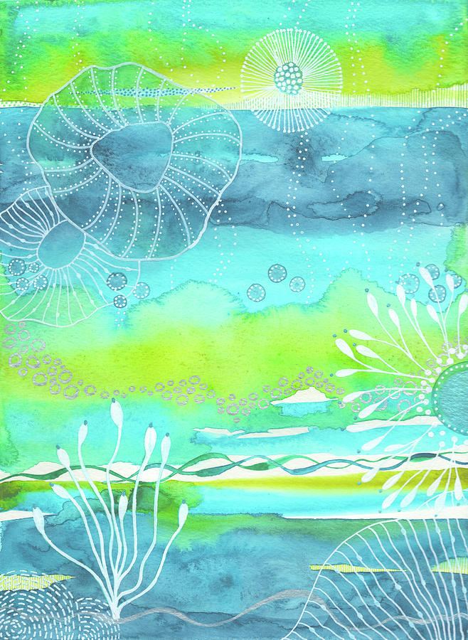 Blue and Green Mixed Media Abstract Landscape - Mystic Painting by Joanne Grant
