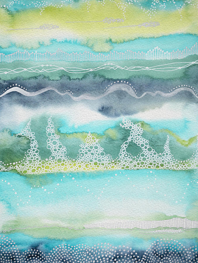 Blue and Green Mixed Media Abstract Landscape - Shallow Painting by Joanne Grant