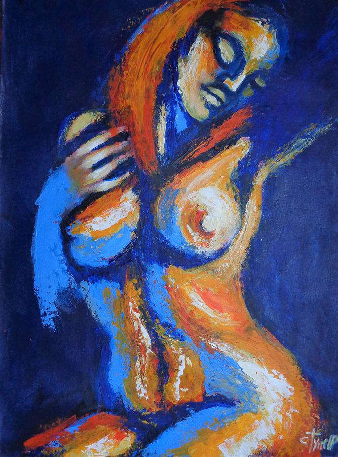 Blue And Orange Relaxing Nude 1 Painting by Carmen Tyrrell