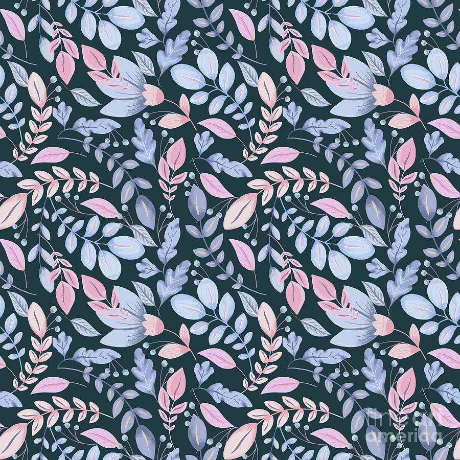 Blue and pink flowers and leaves pattern Digital Art by Arkitekta Art ...