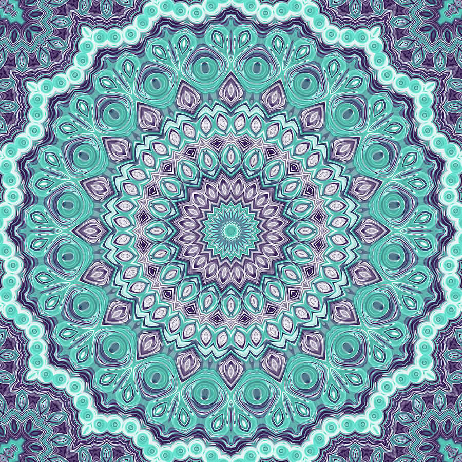 Abstract Digital Art - Blue and Purple Mandala Kaleidoscope Medallion Flower by Mercury McCutcheon