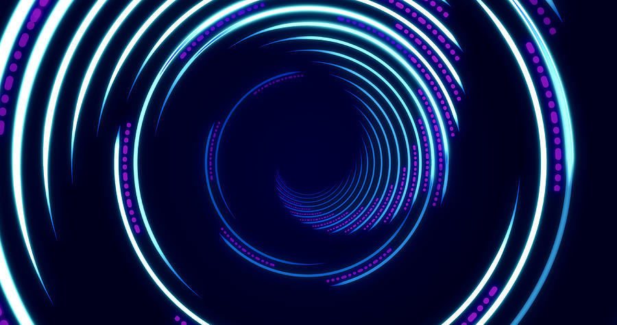 Blue and purple neon light curved lines forming a spiral tunnel ...