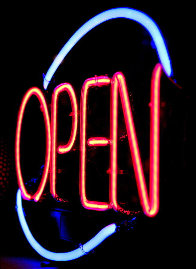 Blue and Red Neon Sign Open Photograph by Masha Batkova