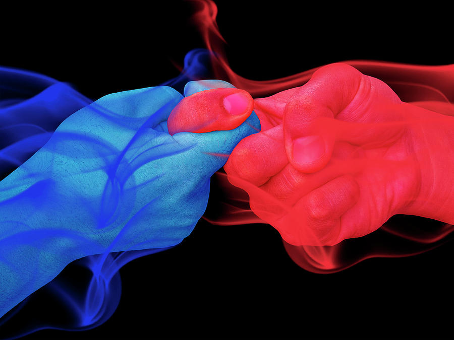Blue And Red Unity Handshake Surreal Digital Art