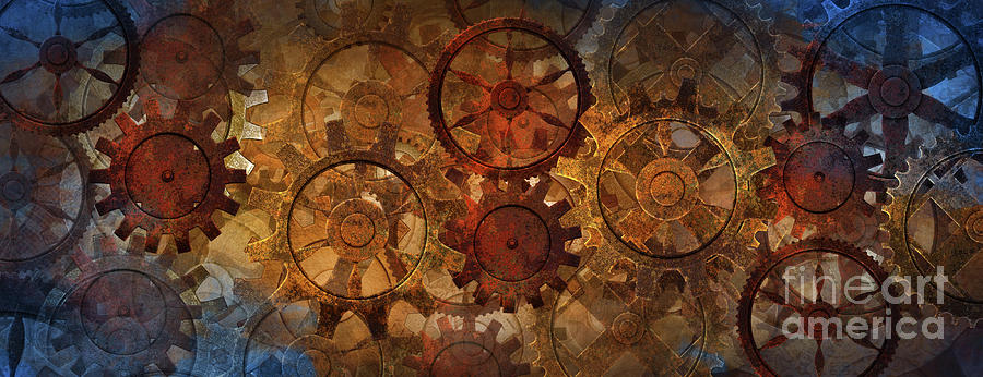 Blue And Rusty Steampunk Banner With Gears And Wheels Digital Art