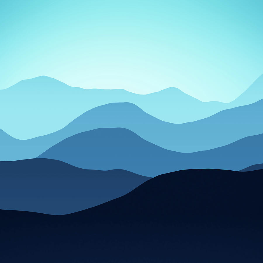 Blue and Turquoise Minimalist Mountain Landscape Digital Art by Matthias Hauser